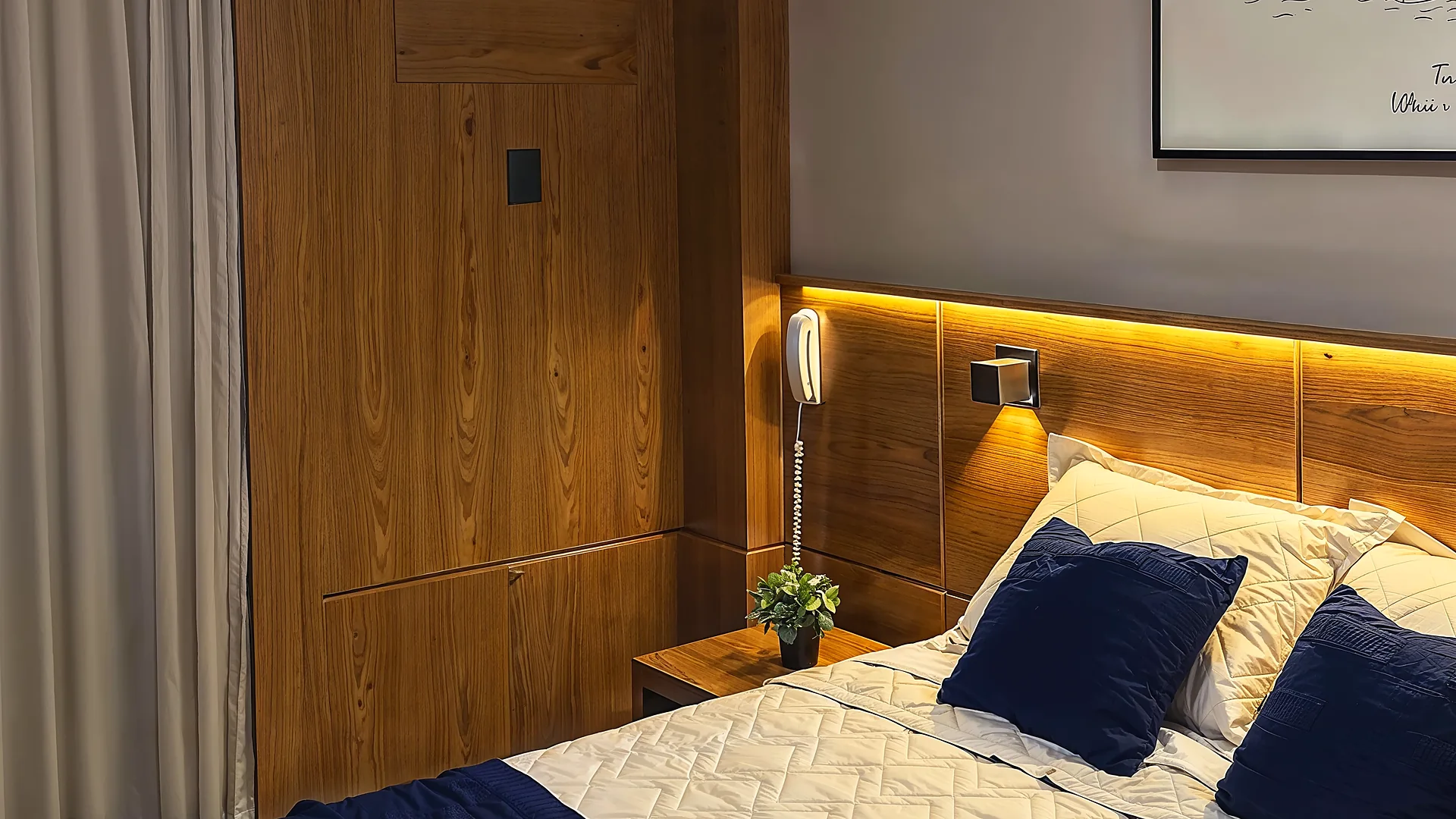 Quarto Premium do Hotel Rinkão em Cachoeiro de Itapemirim, com cabeceira iluminada e roupa de cama branca com detalhes em azul-marinho